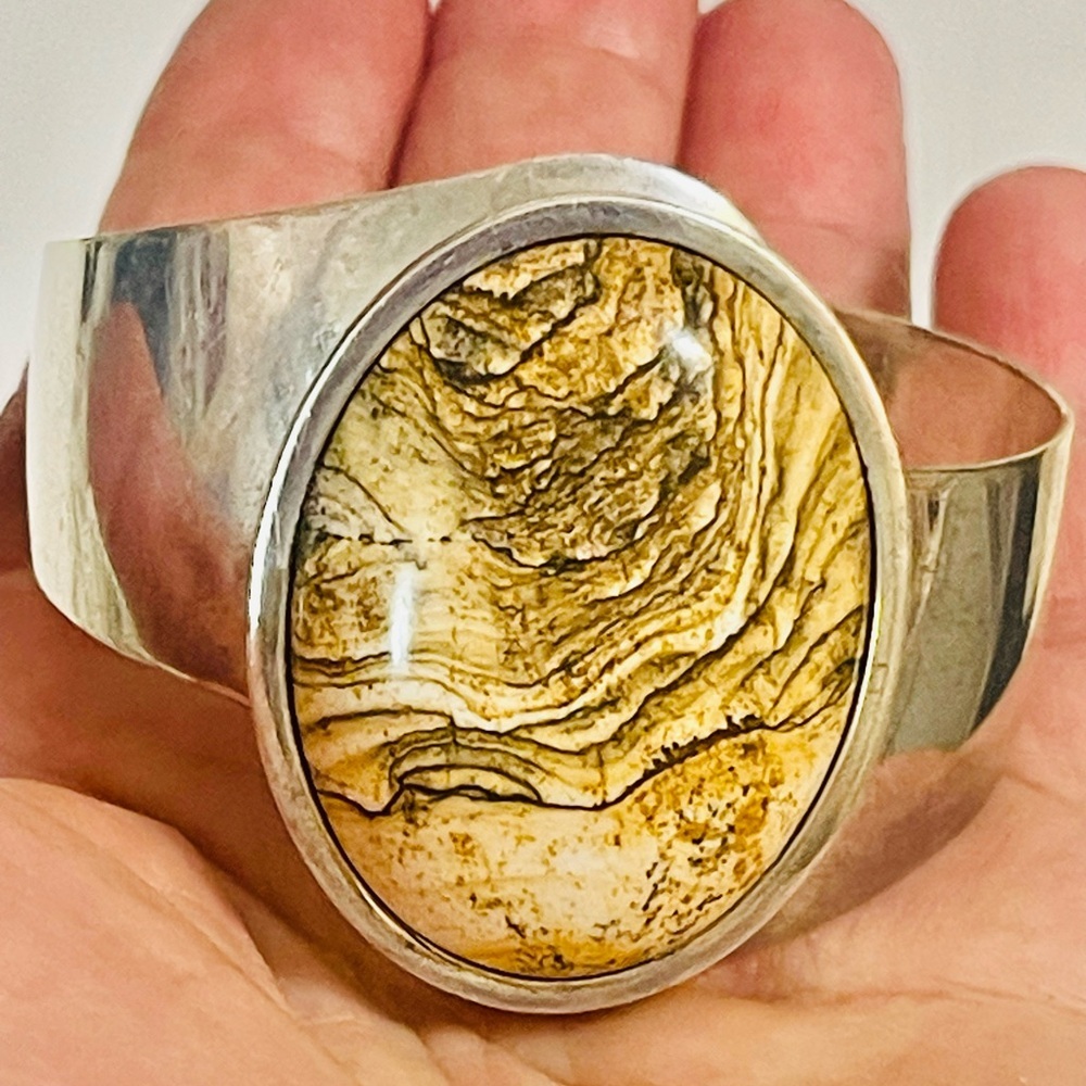 Vtg Southwest Sterling Silver Picture Jasper Cuff Bracelet 6.75”